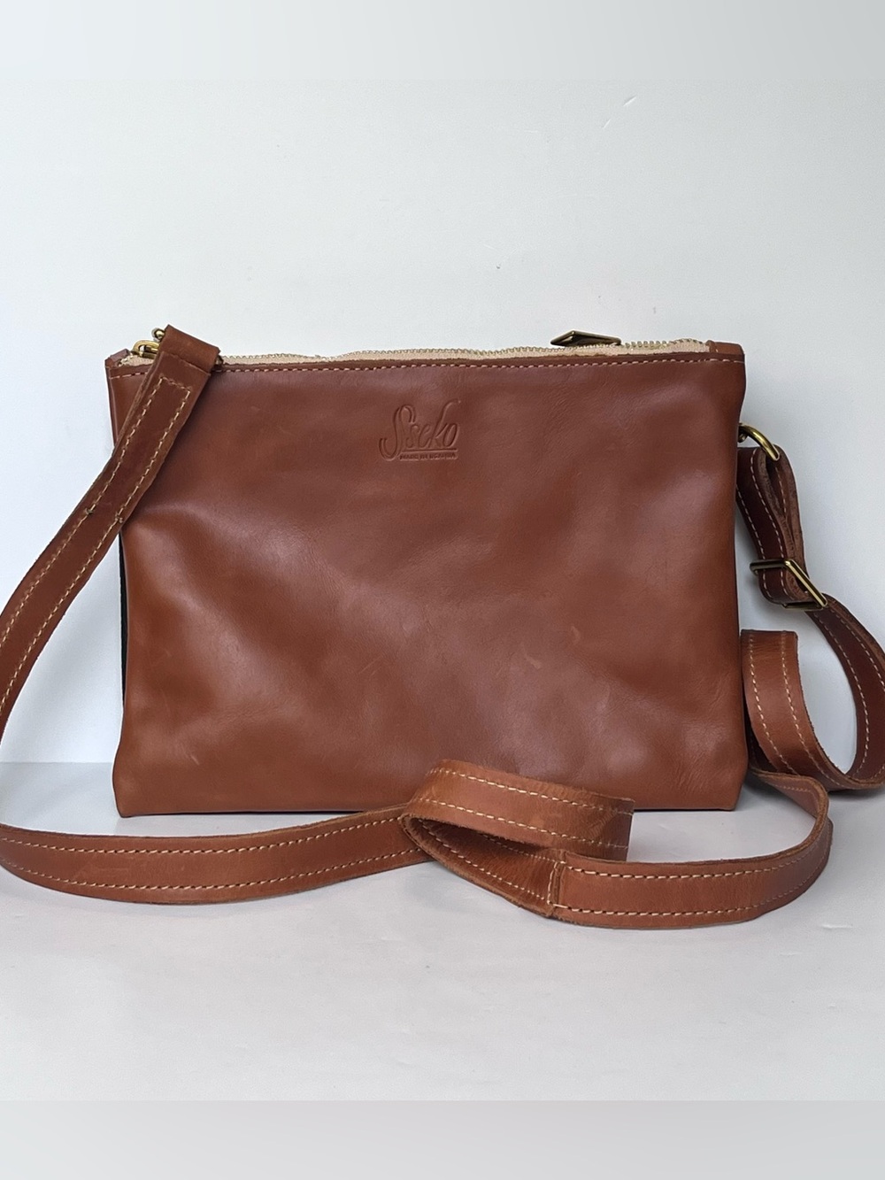Sseko Leather Two-Tone Smooth Cognac Pebble Black Multi Zip Pouch Crossbody Bag